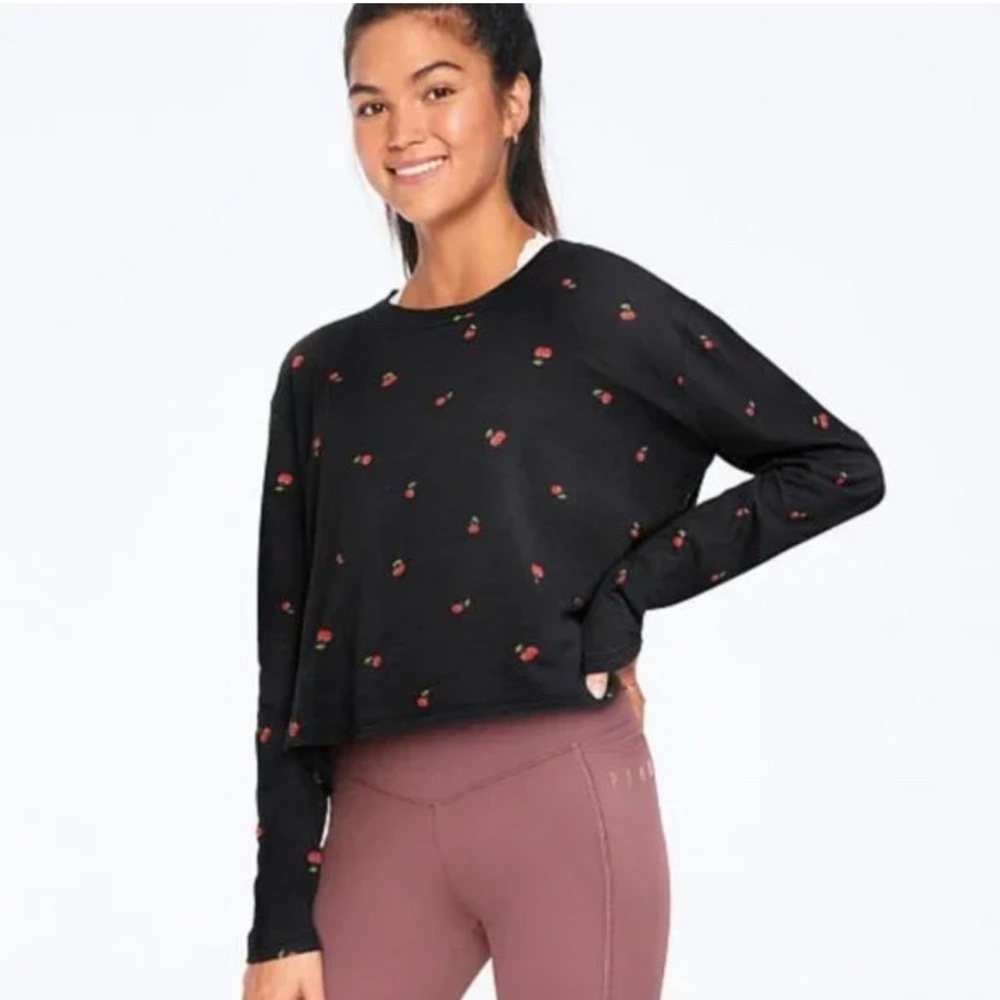 Victoria Secret PINK Cherries Shirt Crop Top Women’s Large Crew Neck Long Sleeve
